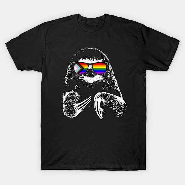 Pride Sloth LGBTQ Progress Pride Flag Sunglasses T-Shirt by wheedesign